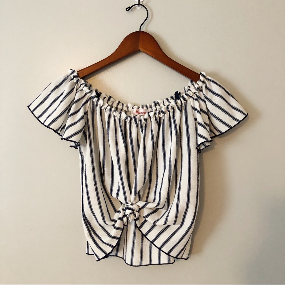 Navy Blue Striped Off The Shoulder Dressy Shirt